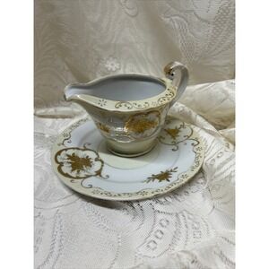 Antique Moriyama Morie Machi Bone China Plate and Creamer 22K Gold Design